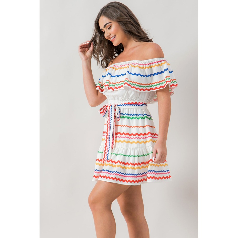 Flying Tomato Multi Color Rick Rack Romper Off Shoulder Ruffle Large ID17771